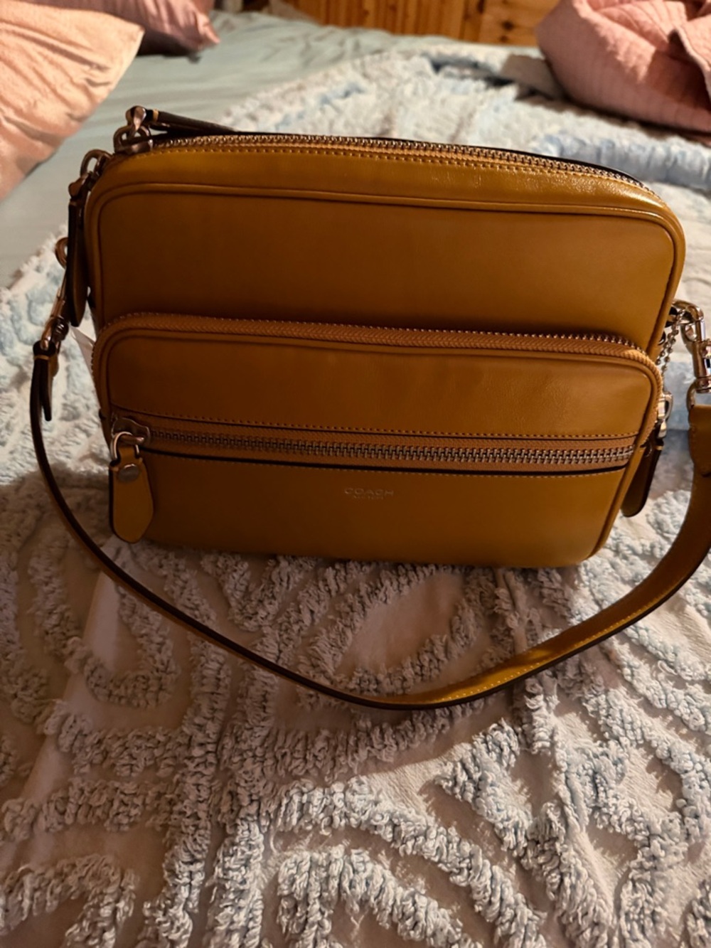 Coach Mustard Yellow Leather Double-Zip Crossbody Bag